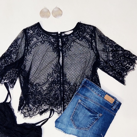 Tops - Black Lace Sexy Sheer T-Shirt Open Button Back